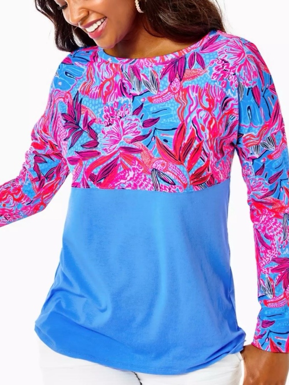 Lilly Pulitzer Blue and Pink Finn Top in the Ruby Red Wild Times print Small